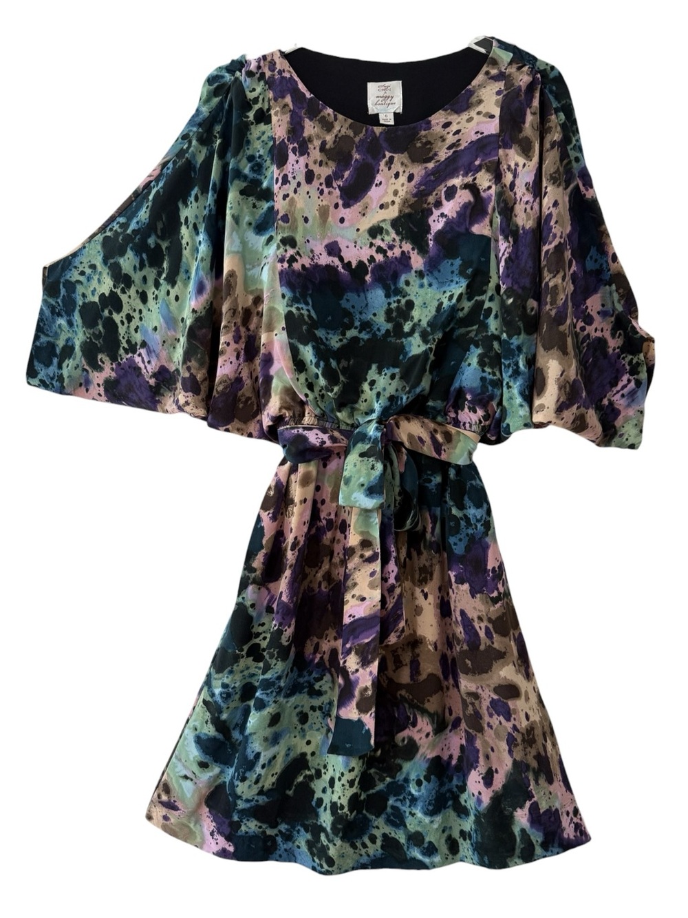100% Silk Artistic Abstract Suzi Chin for Maggy Boutique Belted Dress Size 6